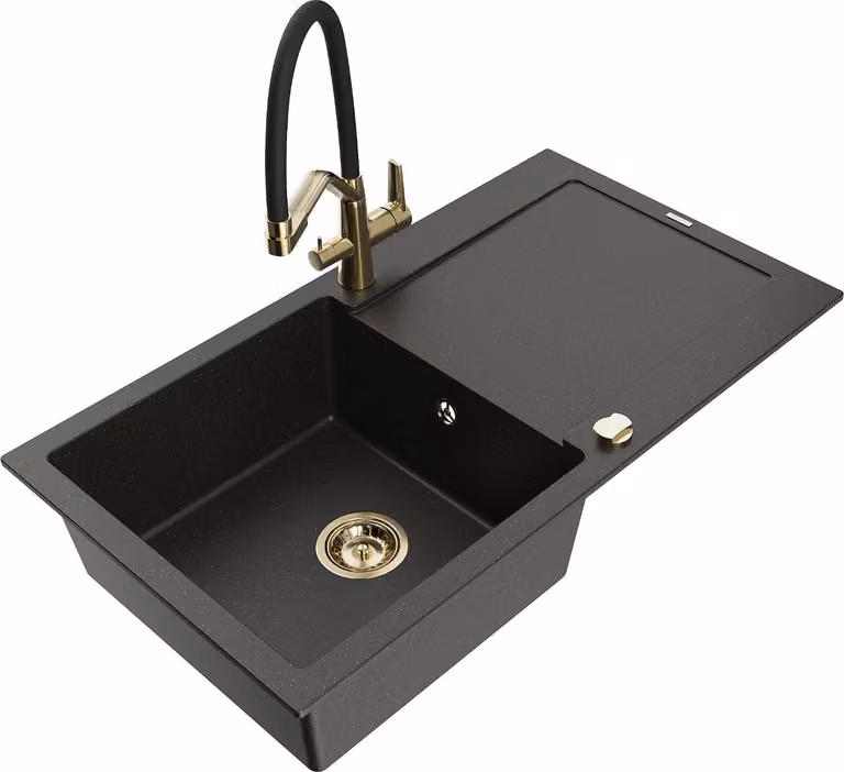 Mexen Leo lavello in granito a 1 vasca con scolo e rubinetto da cucina Duo, nero/oro metallizzato - 6501-75-671701-57-G