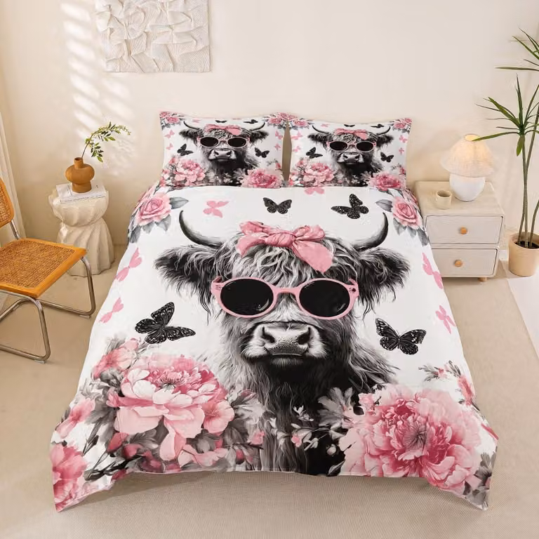 Set di lenzuola per piumino matrimoniale (King Size) con motivo "Mucca delle Highlands" e 2 federe