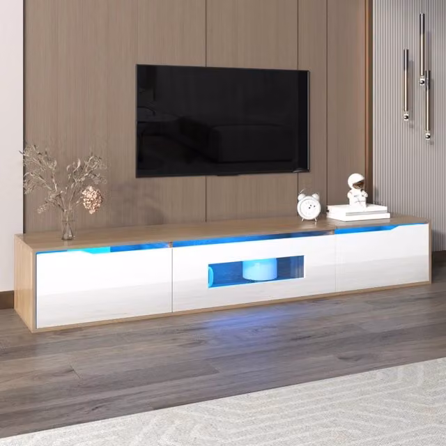 Mobile TV moderno MODFU con illuminazione LED integrata, finitura bianco lucido ed effetto legno, L/P/H: 180 x 35 x 30 cm – 1