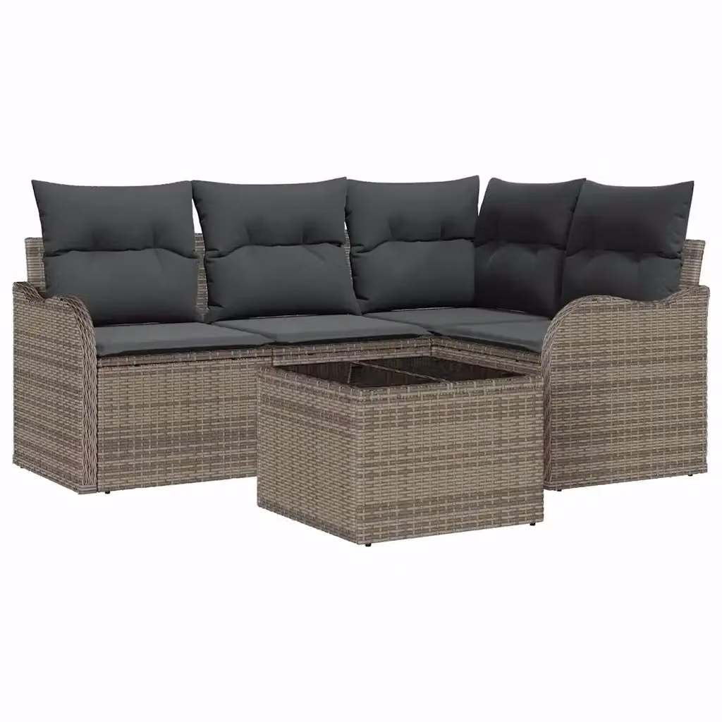 Set Divano da Giardino vidaXL 5 Pezzi a Forma di L con Tavolino e Contenitore, Polyrattan Nero e Grigio con Cuscini Inclusi – 2