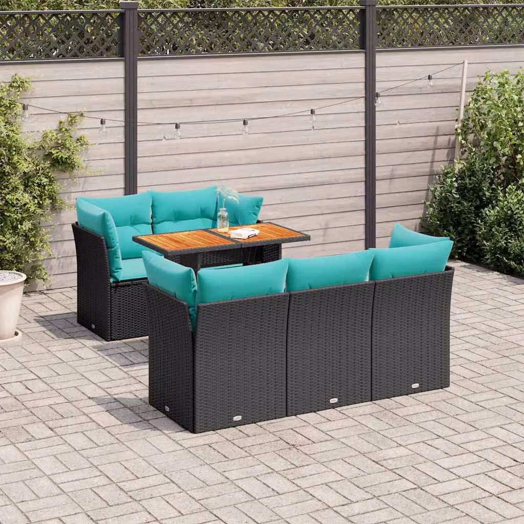 Set Divano da Giardino vidaXL 6 pz a Forma a L con Tavolino e Cuscini Blu, Struttura in Metallo e Polyrattan Nero