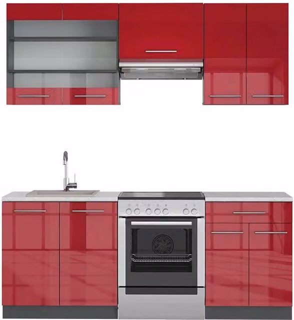 Cucina componibile moderna Vicco Fame-Line Bordeaux lucido e Antracite, L: 200 cm – 1