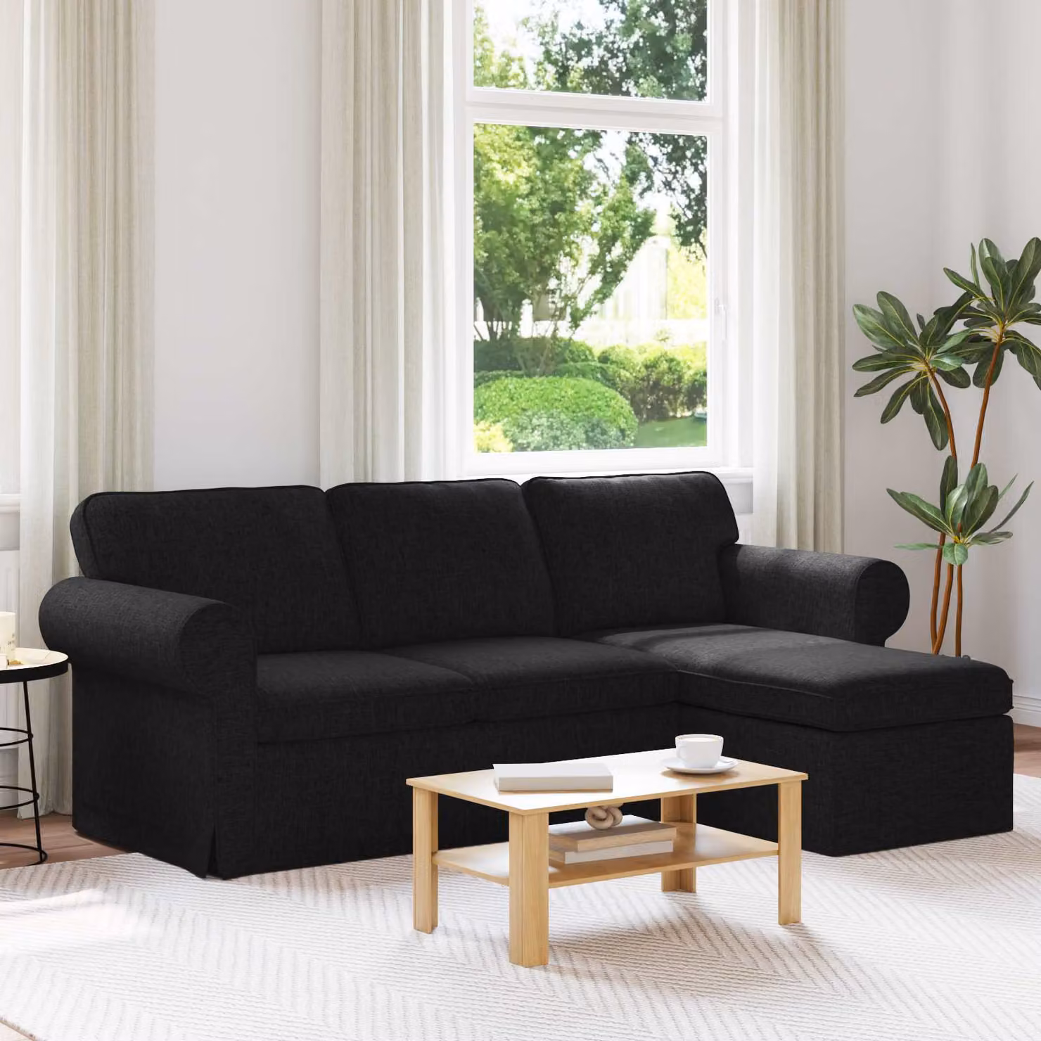 Divano angolare moderno vidaXL in tessuto nero con struttura in metallo L/P/H: 215 x 138 x 80 cm – 1