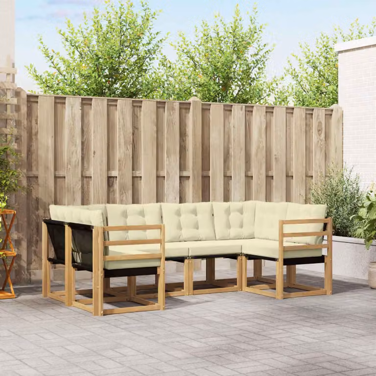 Set di divani da esterno vidaXL a forma di L composto da 6 pezzi in legno di acacia con cuscini bianchi e beige