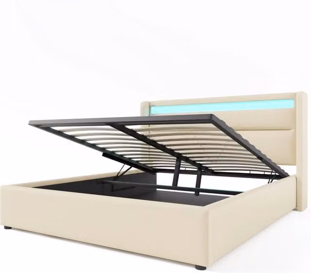 Letto contenitore matrimoniale 160×200 cm con LED e rete sollevabile, materasso incluso, PU, bianco