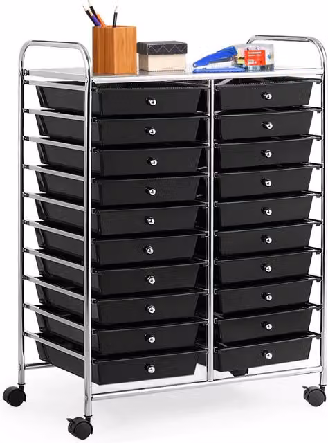 Carrello cassettiera multiuso con 20 cassetti in metallo nero opaco con ruote per ufficio e casa