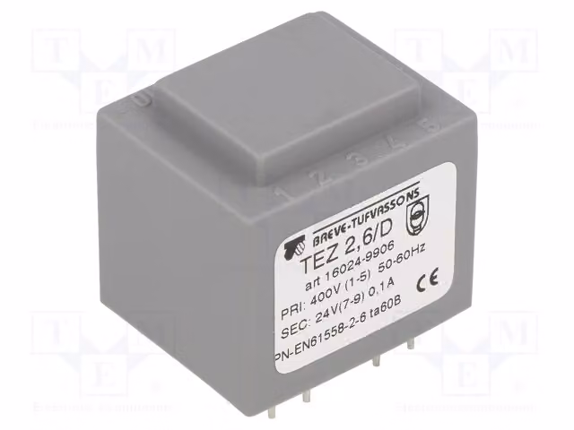 1 trasformatore: rivestito, corrente nominale 104,1 mA, 400 VAC, 24 V, 2,5 VA. Montaggio: TEZ2.6/D400/24V -T