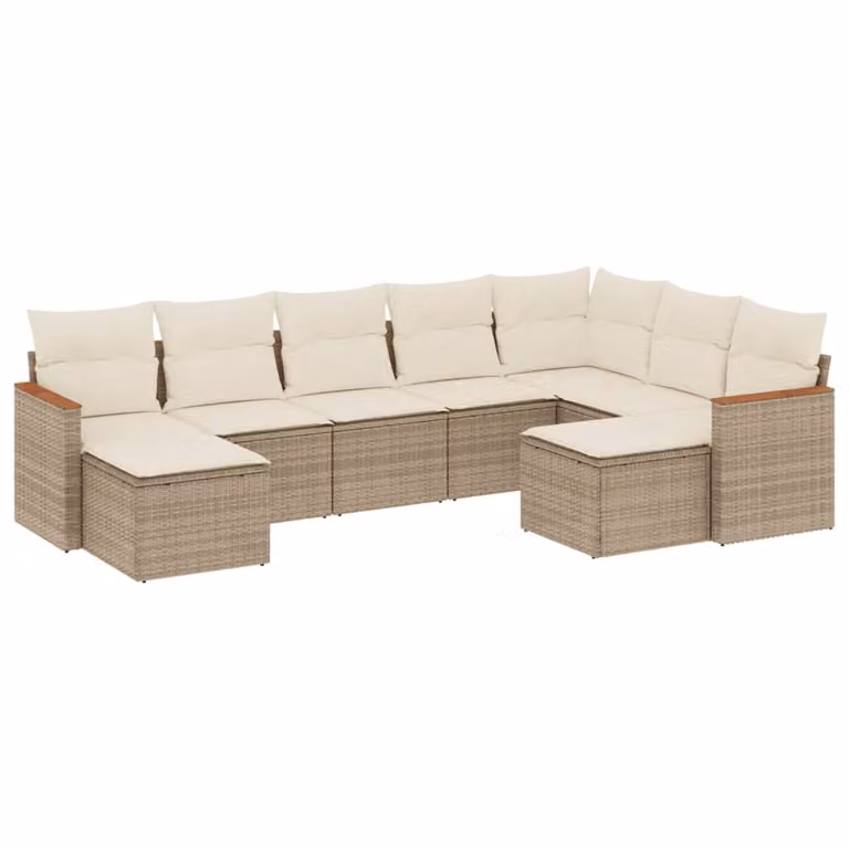 Set Divano da Giardino 9 pz con Cuscini Beige in Polyrattan