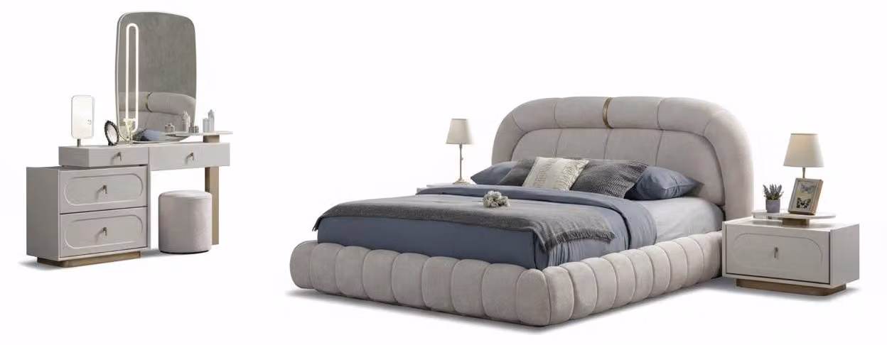 Set da camera da letto moderno bianco: letto, comodini, toletta e specchio