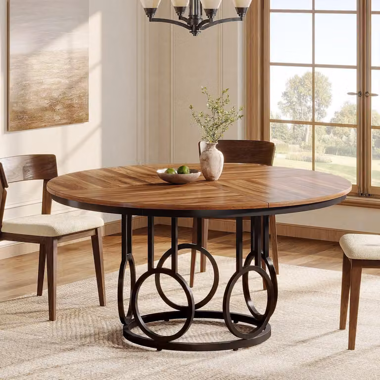 Tavolo da pranzo rotondo, diametro 120 cm, struttura in legno e metallo, finitura marrone e nero, per 4-6 persone