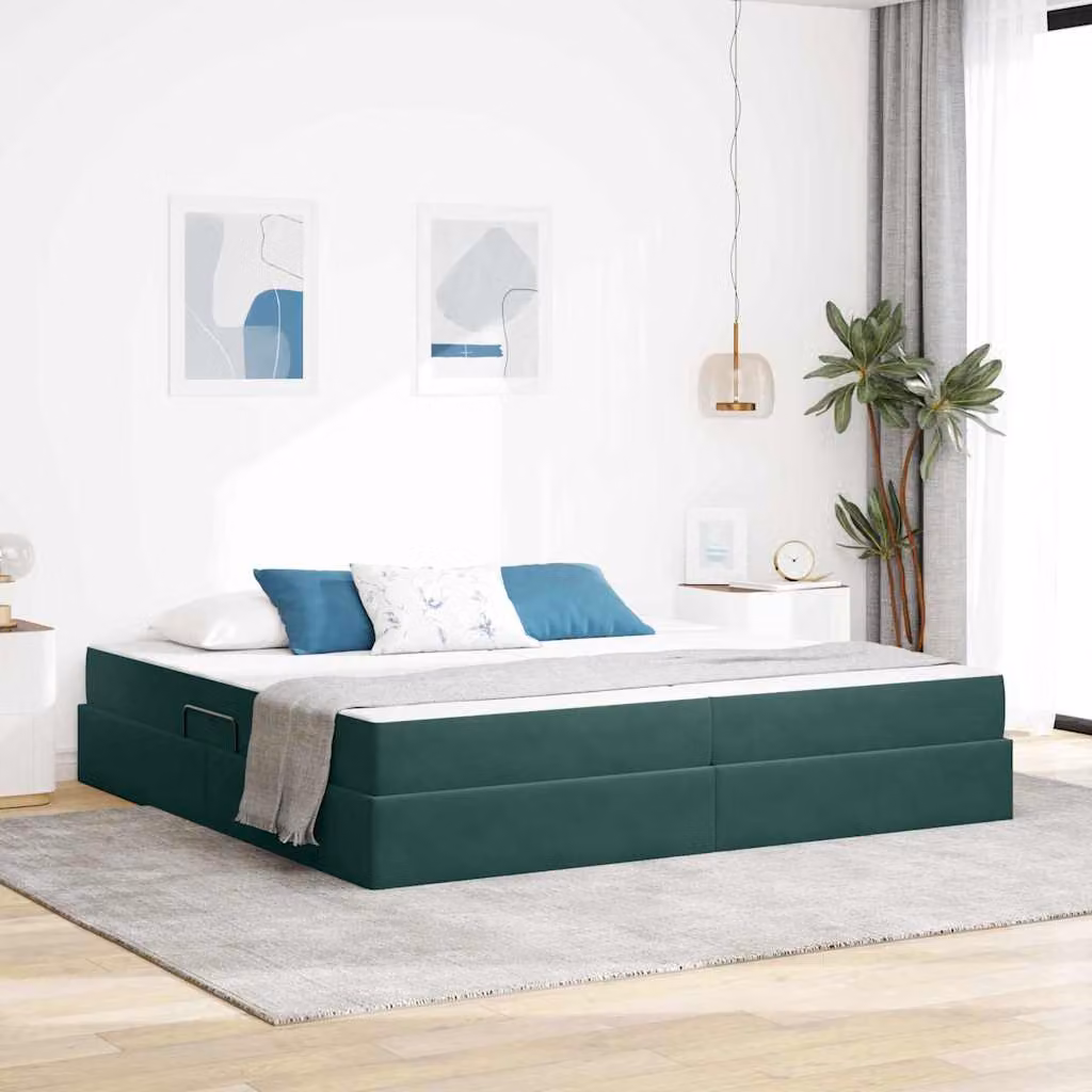 vidaXL Letto con contenitore e materasso ibrido in velluto verde, L/P/H: 200 x 200 x 280 cm