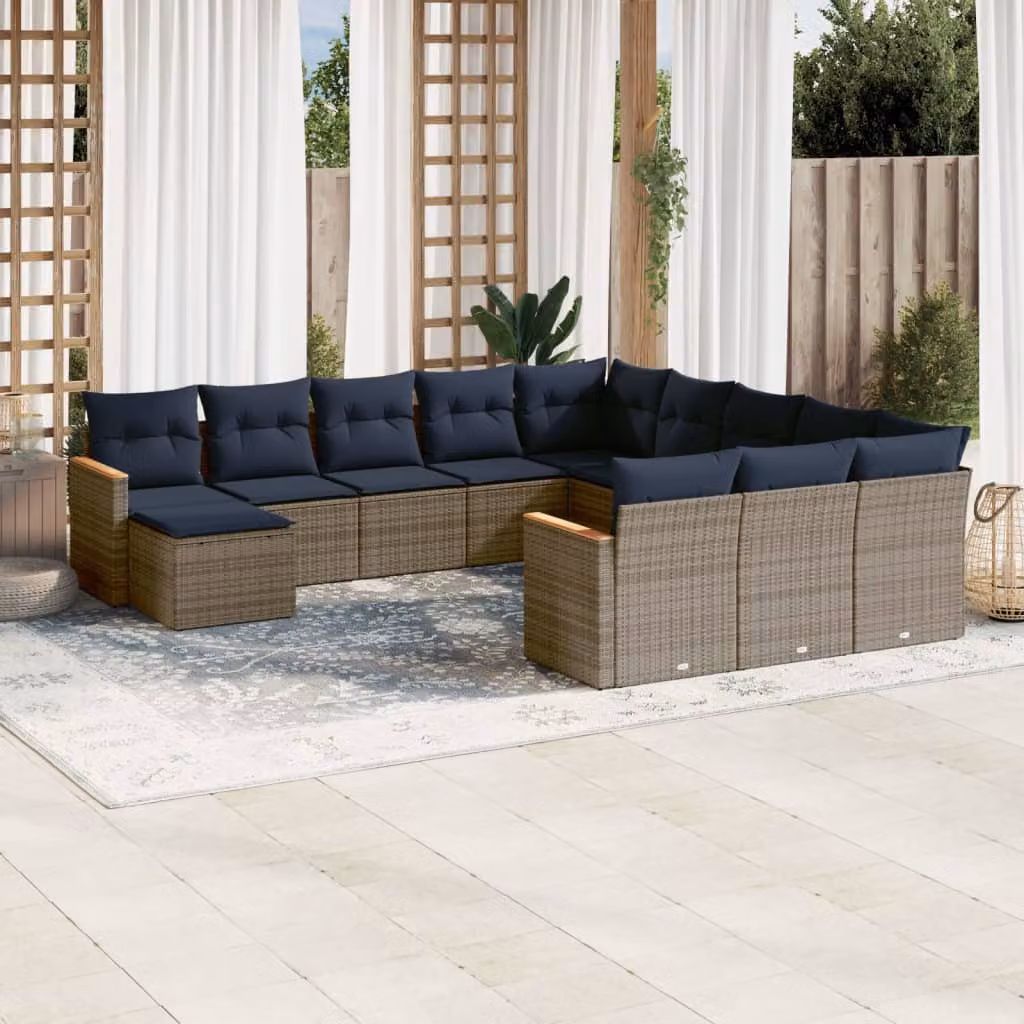 Set di divani da giardino vidaXL a forma di U composto da 12 pezzi con cuscini grigi e blu in rattan e metallo con coperture rimovibili