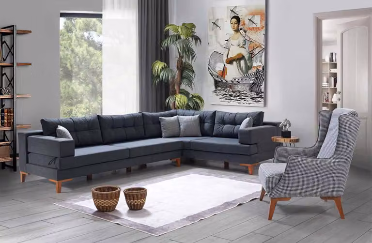 Graue Wohnzimmer Sofagarnitur L-Form Ecksofa Designer Sessel 2tlg Set