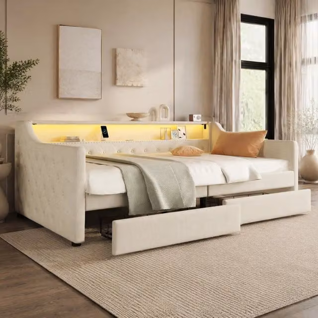 Daybed 90x200 cm con luci LED; USB e 2 cassetti; lino beige