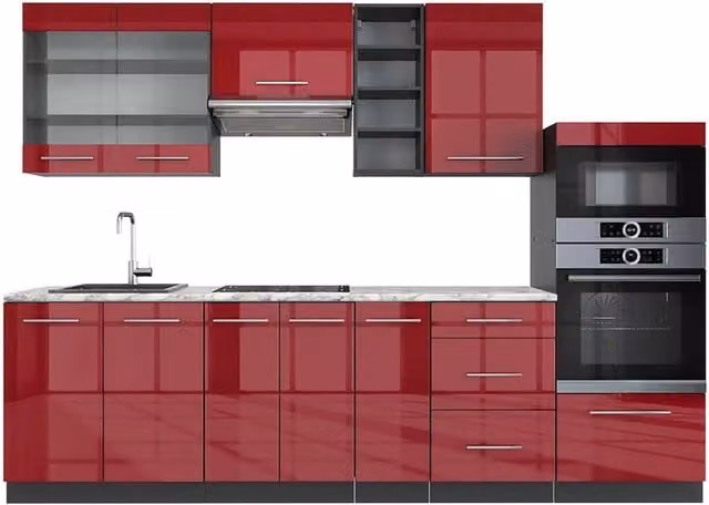 Cucina componibile moderna Vicco Fame-Line Bordeaux lucido e Antracite, L: 280 cm – 1