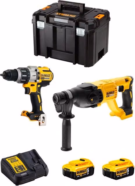 Kit DeWALT DWK222 con trapano avvitatore DCD996, martello perforatore DCH133, 2 batterie da 5,0 Ah, caricabatterie DCB115 e sistema di contenimento TSTAK VI, colore giallo