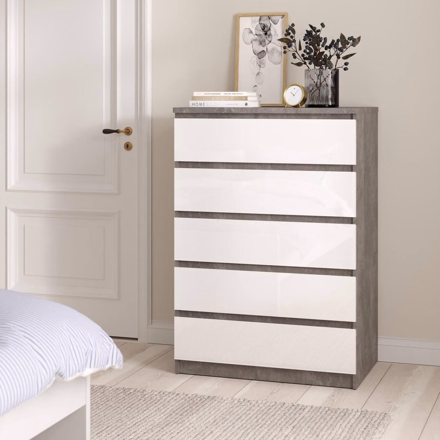 Dmora Cassettiera Ansel 50x77x111.3h cm Grigio Cemento, 5 Cassetti Apertura Scorrevole