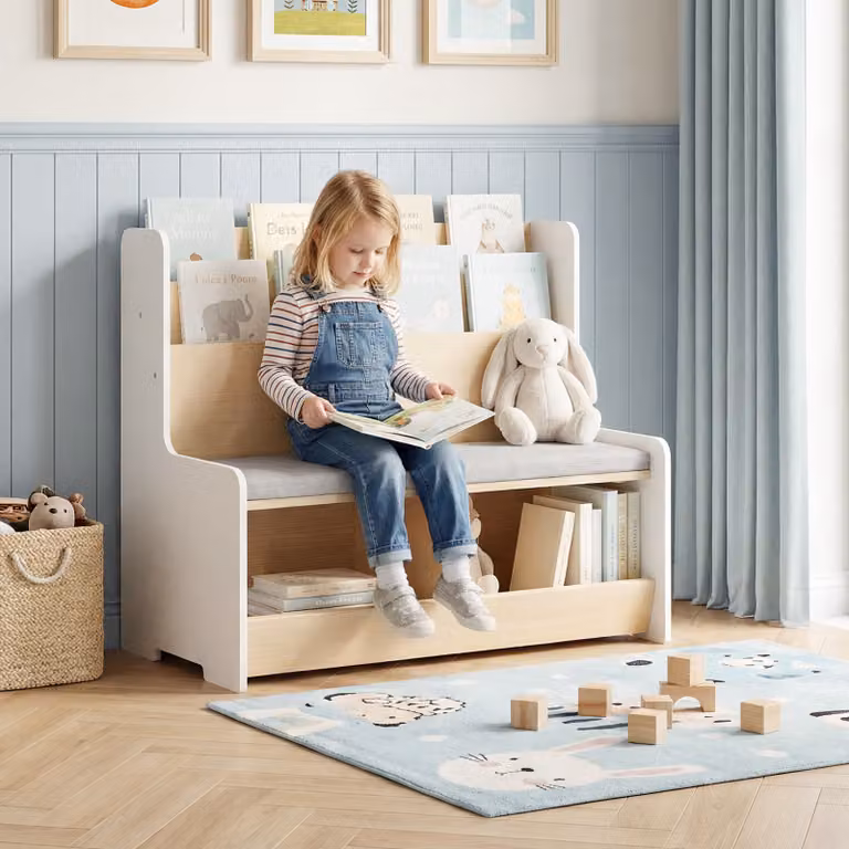 Panca portagiochi Costway a due posti con portariviste e cuscino rimovibile per bambini, Bianco
