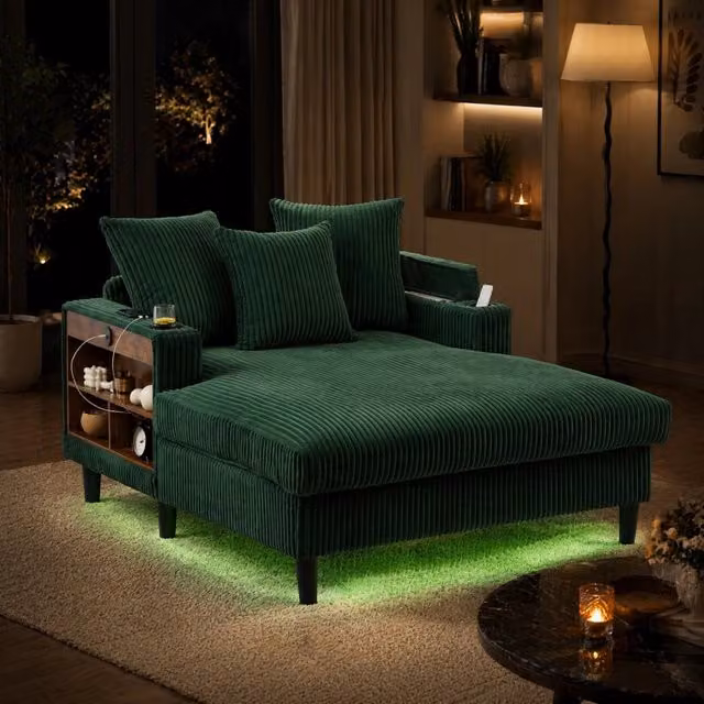 Chaise longue ULEVR 129x170 cm in velluto a coste verde smeraldo con LED, USB, vano contenitore e portabevande