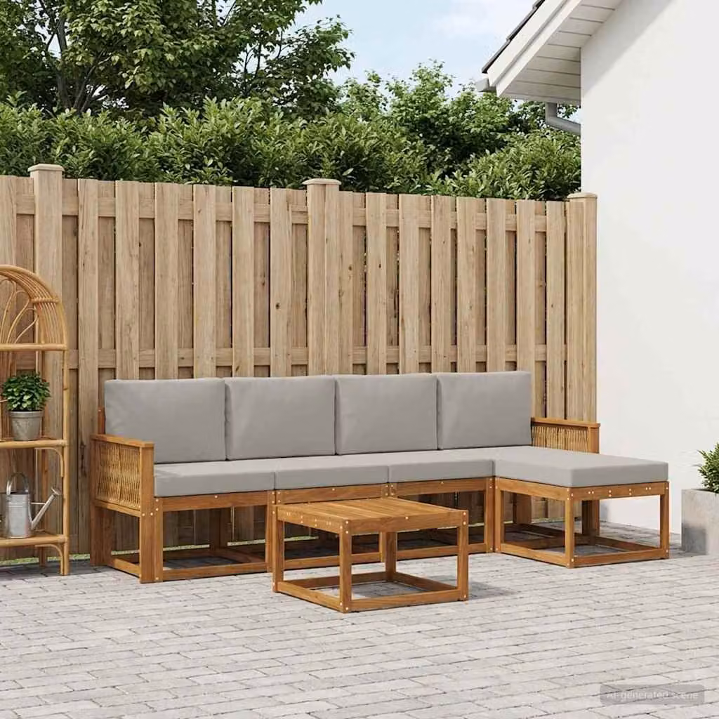 Set di divani da esterno vidaXL a forma di L in legno di acacia con tavolino e pouf, 6 pezzi, Beige e Grigio