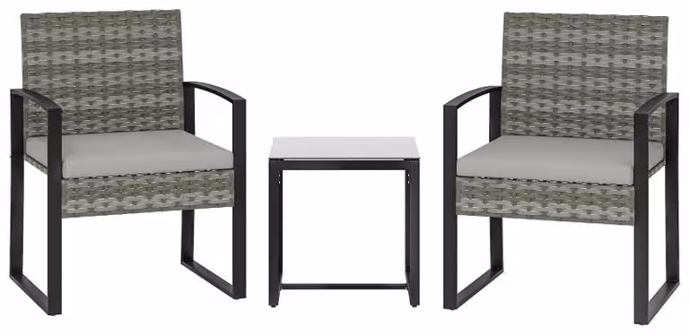 Set di mobili da giardino Moonbite per 2 persone, set da bistrot composto da 3 elementi: due poltrone in rattan imbottito e un tavolino, resistente agli agenti atmosferici, con cuscini removibili, realizzato in acciaio, colore grigio chiaro