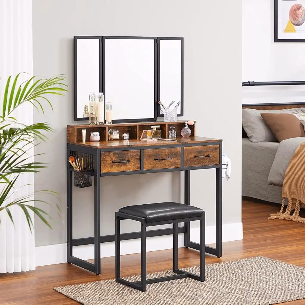 Toeletta industriale KENDRA HOME con specchio tri-fold e sgabello in ecopelle, colori nero e marrone, L/P/H: 150 x 40 x 90 cm – 2