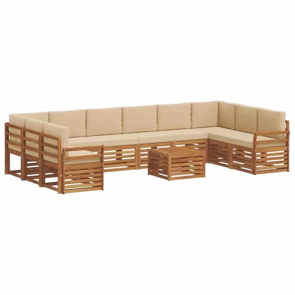 Set di divani da esterno a L con tavolo da caffè vidaXL in legno di acacia marrone e beige, composto da 11 pezzi con cuscini inclusi – 2