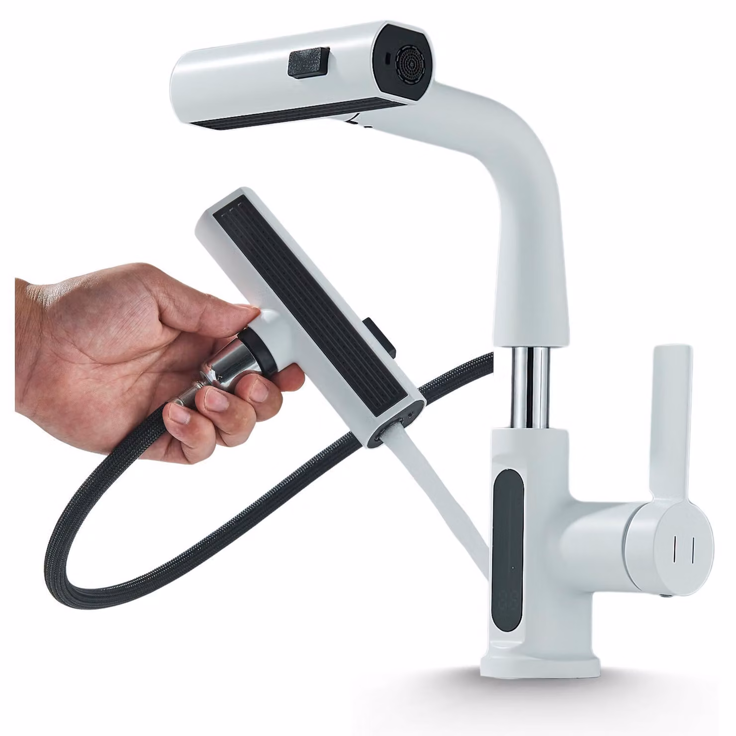 Miscelatore per lavabo da incasso Ari Atomic, bianco, in acciaio inossidabile, con doccetta estraibile, indicatore di temperatura, 3 getti, rotazione a 360°, altezza regolabile