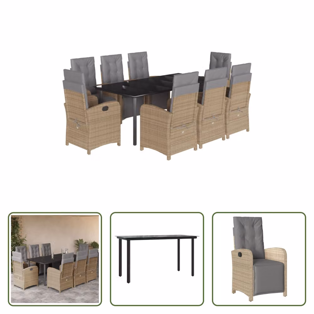 The Living Store Set da pranzo da giardino 9 pezzi con cuscini Beige poly rattan