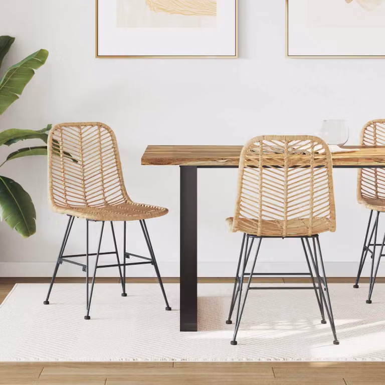 Set di 2 sedie da pranzo moderne vidaXL in rattan e metallo, Colore beige e nero, L/P/H: 44 x 54,5 x 85 cm