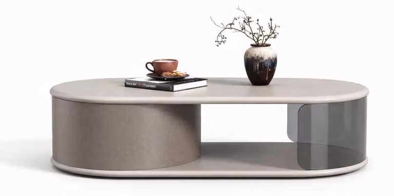 Tavolino moderno dalla forma ovale ed elegante e dal design trasparente