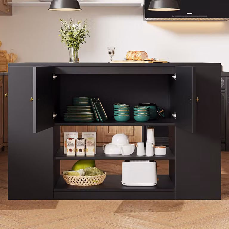 Isola da cucina con cassetti e ripiani, pieghevole, colore nero, dimensioni 140x40x90 cm