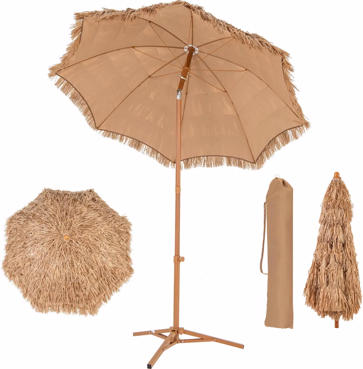 KOMFOTTEU 218 cm Ombrellone Hawaii, ombrellone da spiaggia con borsa per il trasporto e base pieghevole, ombrellone esotico in finta paglia, ombrellone pieghevole in paglia per giardino, balcone, spiaggia
