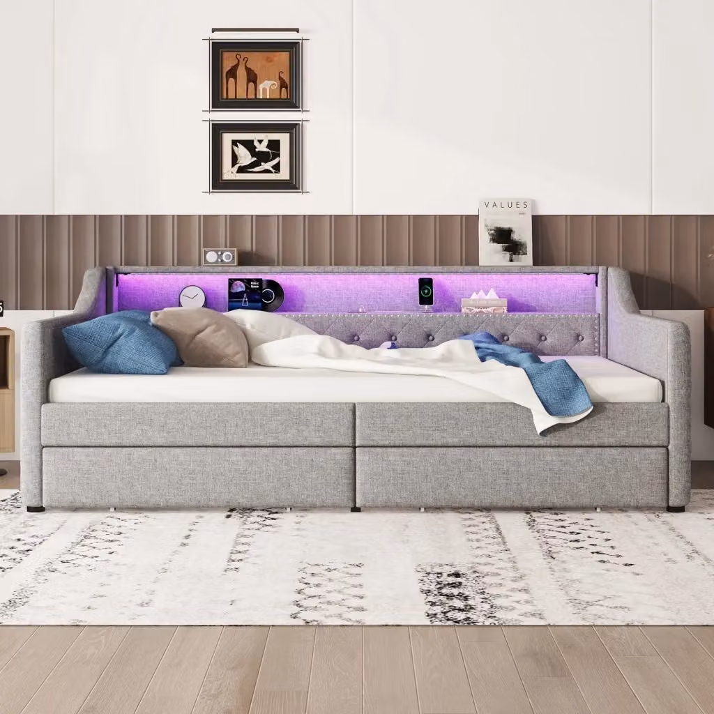 Letto singolo con cassetti in lino grigio con illuminazione LED e porta USB, L/P/H: 90 x 200 cm – 2