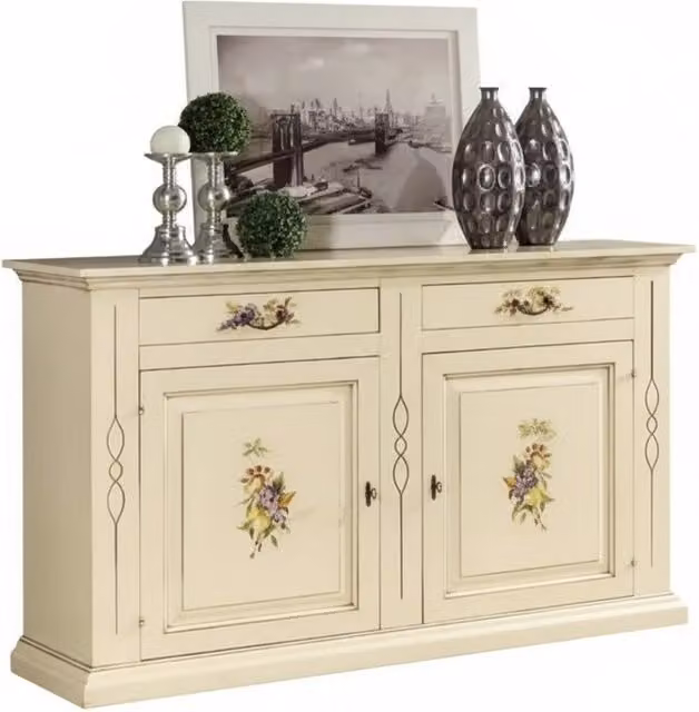 Credenza shabby chic in legno bianco con decori floreali e ante in vetro Mobili 2G L: 177 cm, P: 48 cm, H: 110 cm – 1