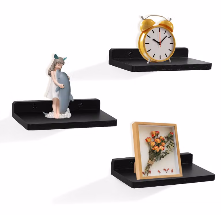Set di 3 piccole mensole da parete, nere, mensole sospese multifunzionali per diversi ambienti