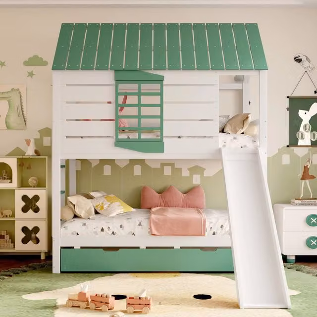 Letto a castello Mivray per bambini con letto estraibile, scivolo e tetto a casetta con finestra, colore bianco e verde, L/P/H: 200 x 90 x 205,4 cm