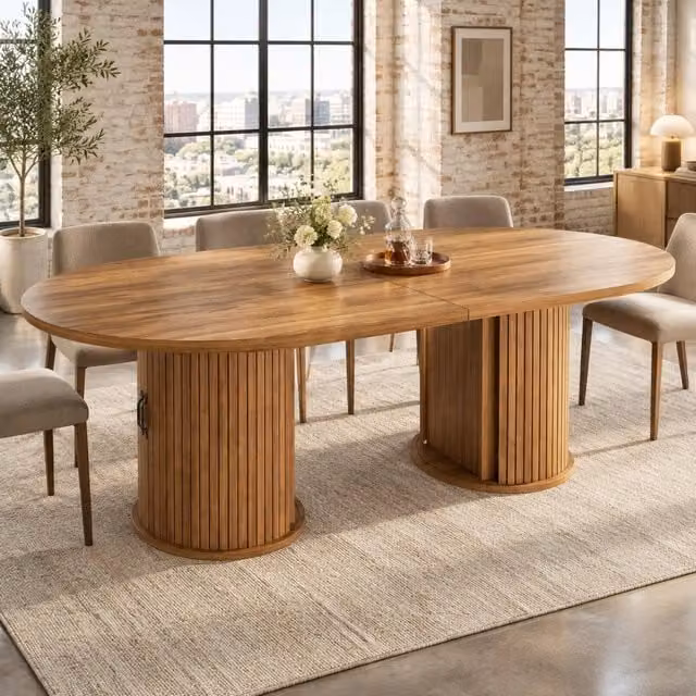 Tavolo da pranzo allungabile in MDF con maniglie in metallo, colore marrone scuro, 150-190 cm