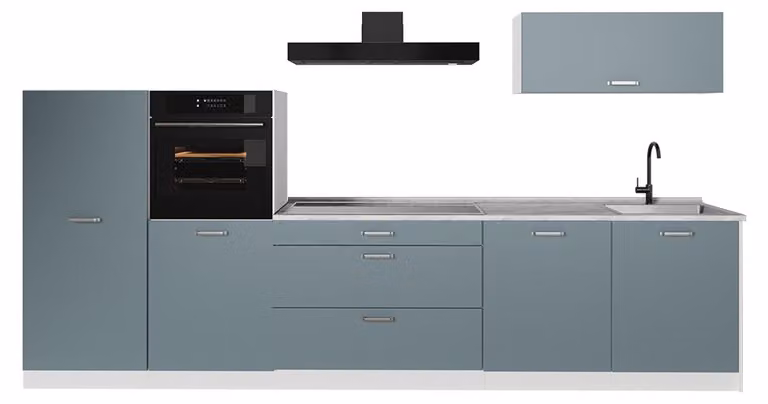 Cucina componibile Vicco R-Line Grigio-blu/Bianco 340 cm piano di lavoro Marmo, Model 67319