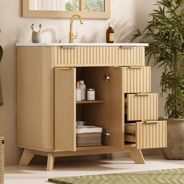 Mobile bagno libero 81 cm, legno naturale caldo, finitura ondulata, 3 cassetti e 2 ante con ripiano. Rubinetto non incluso