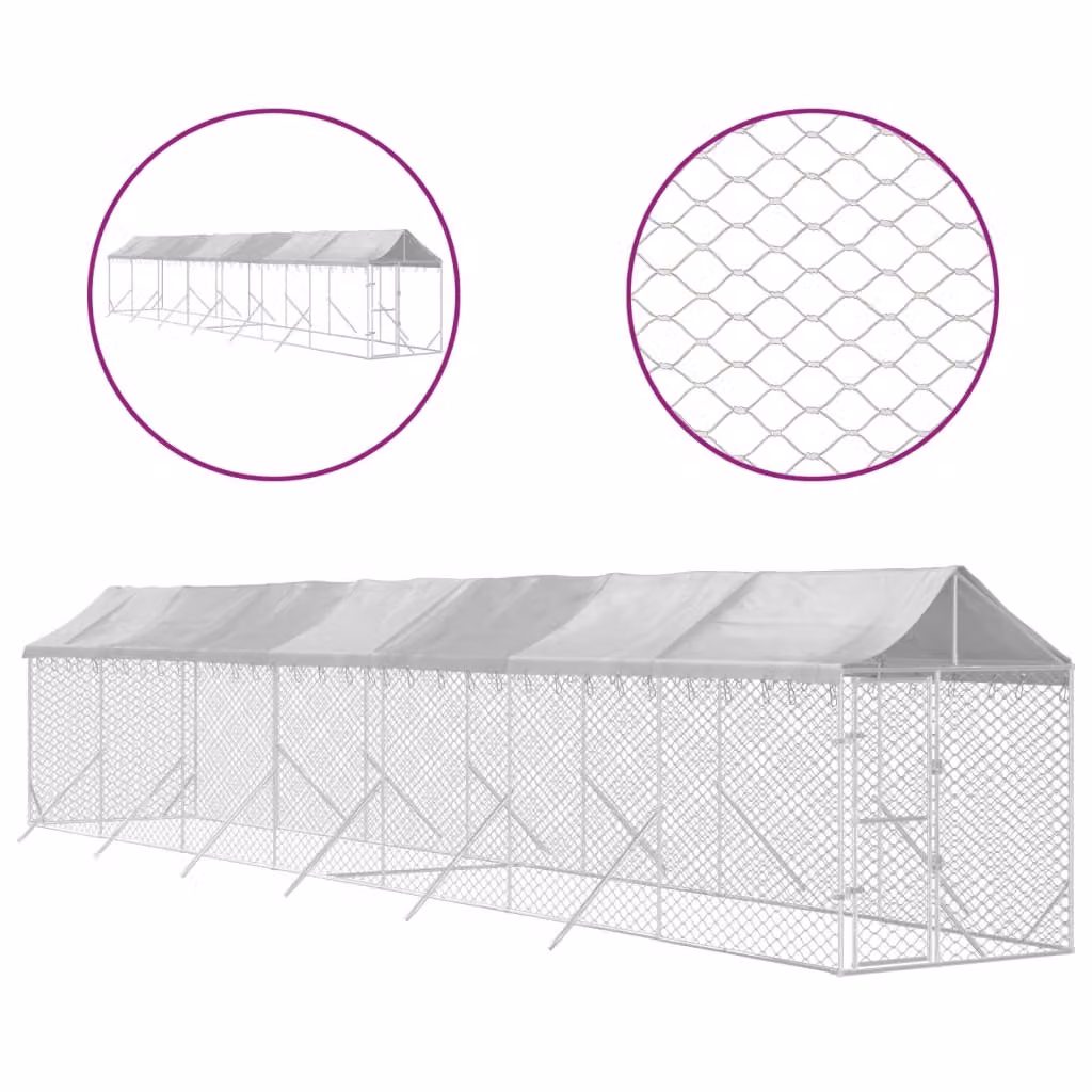 Cuccia Cani da Esterno Tetto Argento 2x14x2,5 m Acciaio Zincato