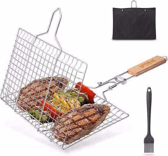 Set da barbecue portatile - per pesce e bistecche - gamberetti crudi e cotolette - acciaio inossidabile 304 - pennello per salse incluso