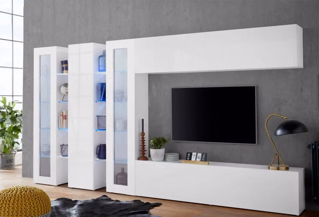 Parete attrezzata moderna Web Furniture per soggiorno bianco lucido L: 340 cm, P: 30 cm, H: 180 cm – 3