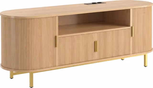 Mobile TV HOMCOM in rovere con 2 ante battenti, 2 ante scorrevoli e 2 prese, L 140 x P 40 x H 55 cm