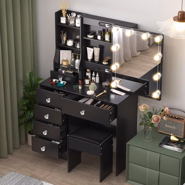 Comò da trucco H010630: comò con specchio e sgabello, con regolazione dell'illuminazione, comò con spazio contenitivo, comò con 6 cassetti e 6 vani a giorno