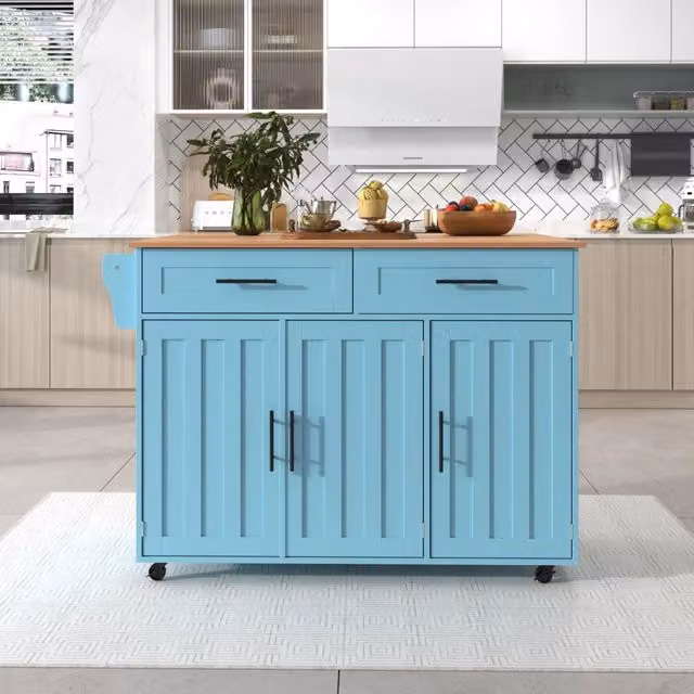 Carrello da cucina REDOM blu con piano ribaltabile in MDF e metallo, L: 129 cm, P: 71 cm, H: 91,5 cm