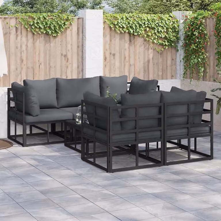 Set Divano da Giardino vidaXL 6 Pezzi a Forma di L con Tavolino, Struttura in Alluminio Verniciato a Polvere e Cuscini Neri Resistenti ai Raggi UV