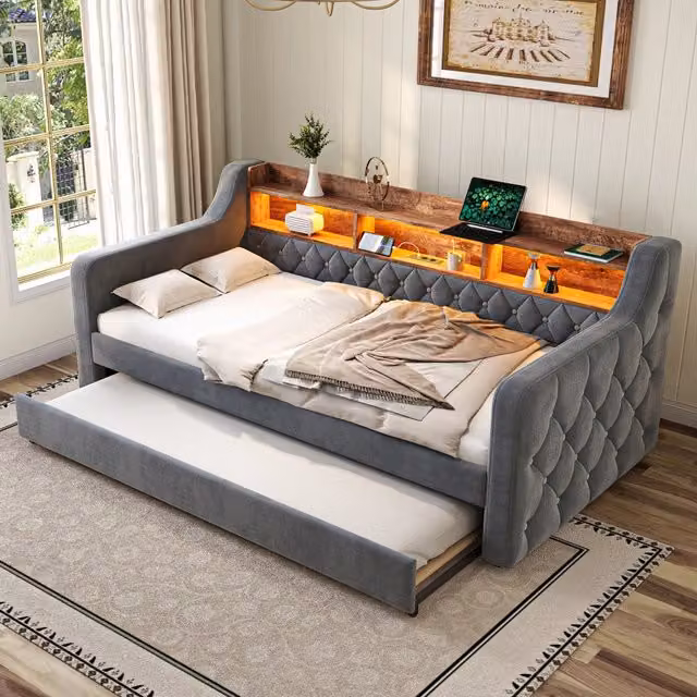 Letto estraibile 90 × 190 cm con mensola, LED e USB Type-C, 1 posto, diventa letto matrimoniale, senza materasso