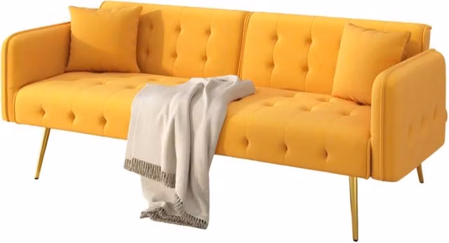 Divano letto a 2 posti convertibile con schienale 3 posizioni， braccioli 6 livelli， velluto giallo， struttura in legno， per piccoli spazi salvaspazio