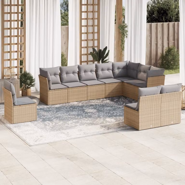 vidaXL Set Divano da Giardino a L 10 pz con Cuscini Beige e Grigio in Polyrattan e Metallo